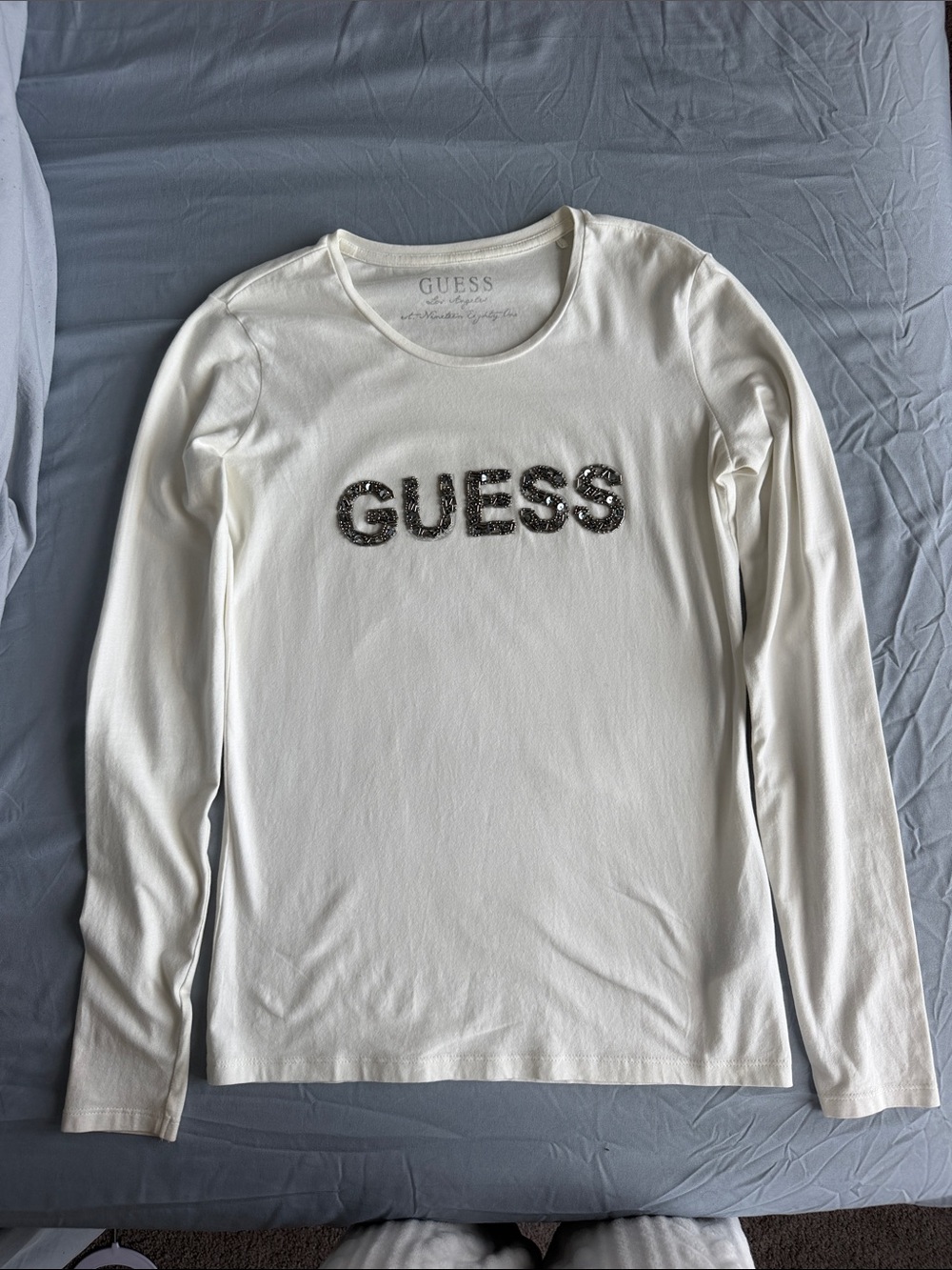 GUESS White Long Sleeve Top with Embellished Logo
